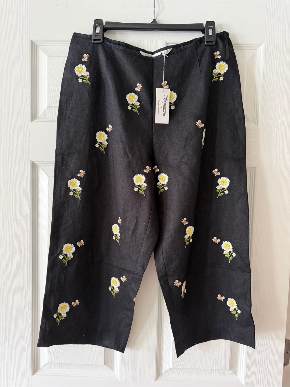 NWT Signatures by Richard Malani 100% Linen Embroidered Daisy Bee Pants 14P